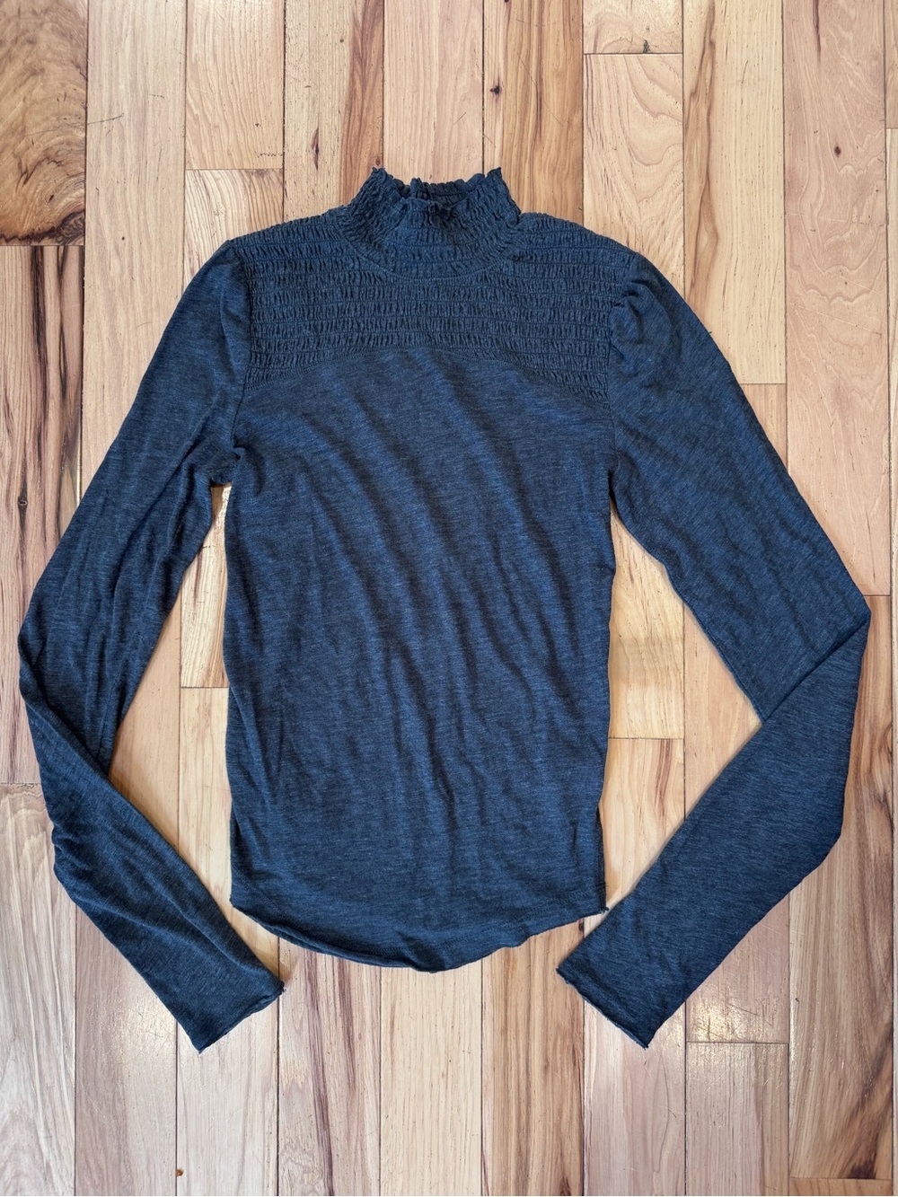 Free People Gray Smocked Mock Neck Long Sleeve Top
